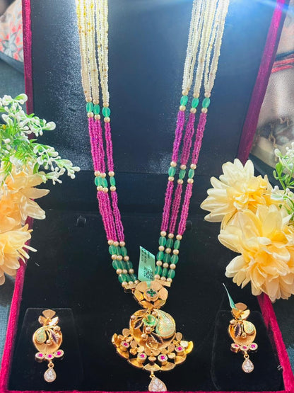 92.5 Silver Gold plated Intricate Ranihar Long Necklace with Earrings (GS-06)