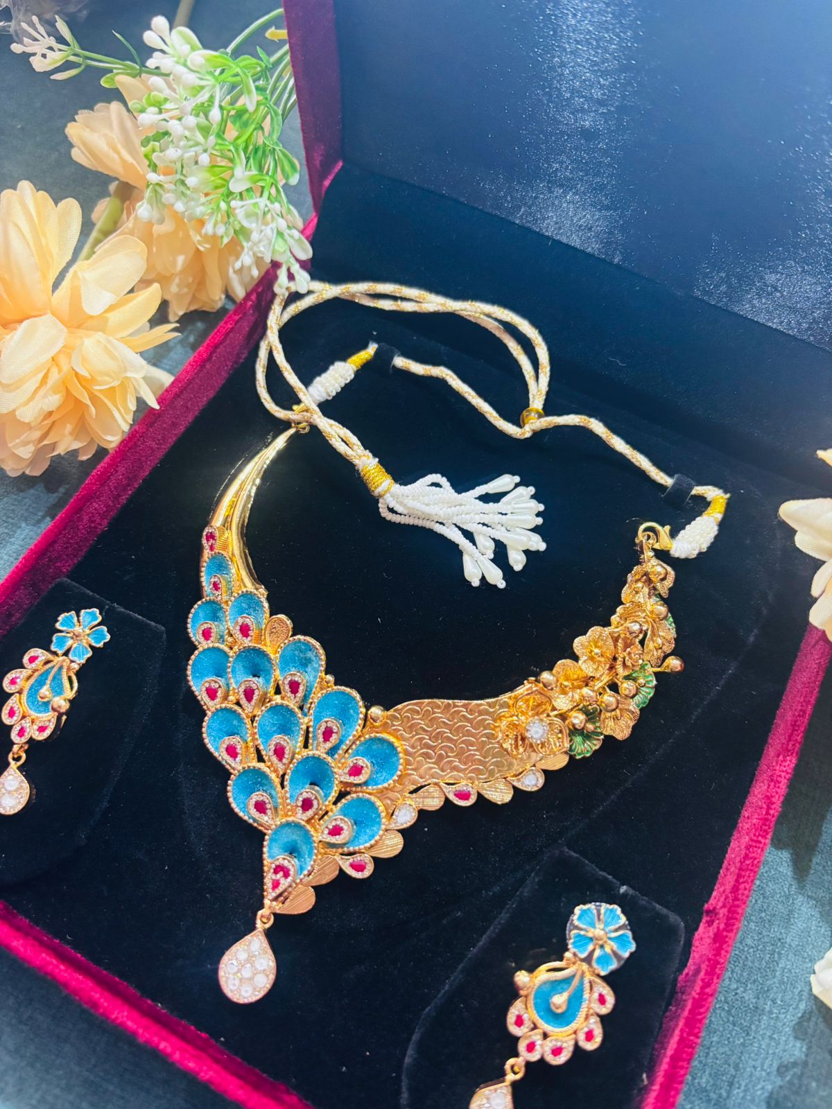 92.5 Silver Gold plated Peacock feather half n half look Necklace with Earrings (GS-04)