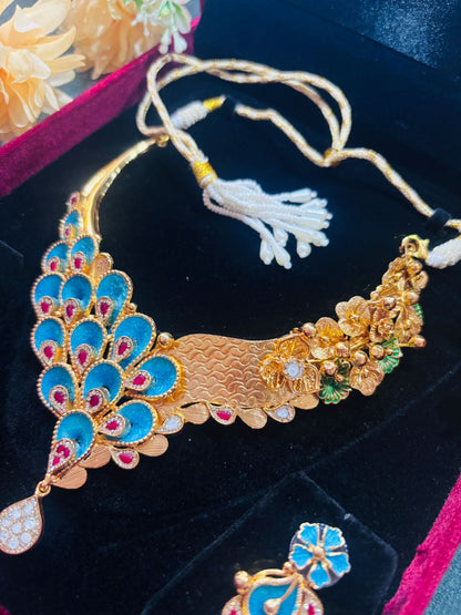 92.5 Silver Gold plated Peacock feather half n half look Necklace with Earrings (GS-04)