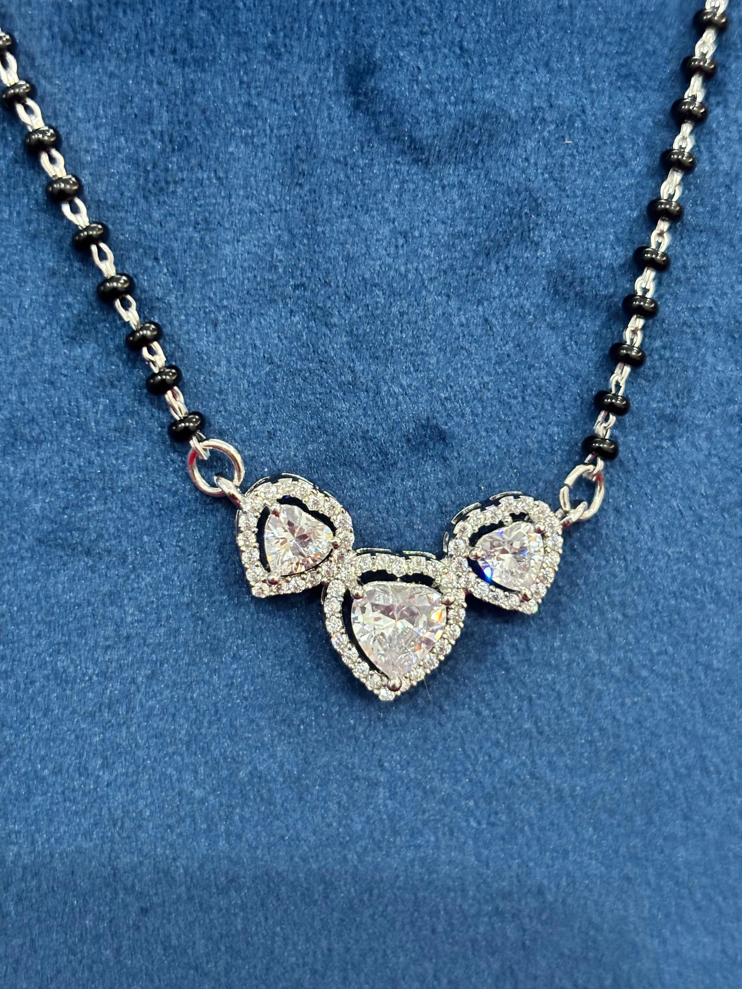 92.5 Real Silver Triple Heart Solitaire Mangalsutra with Earrings