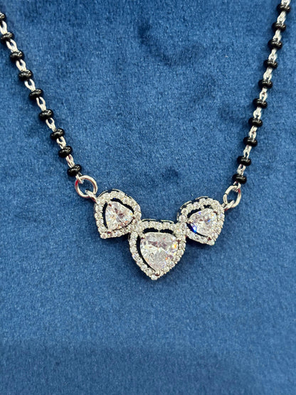 92.5 Real Silver Triple Heart Solitaire Mangalsutra with Earrings