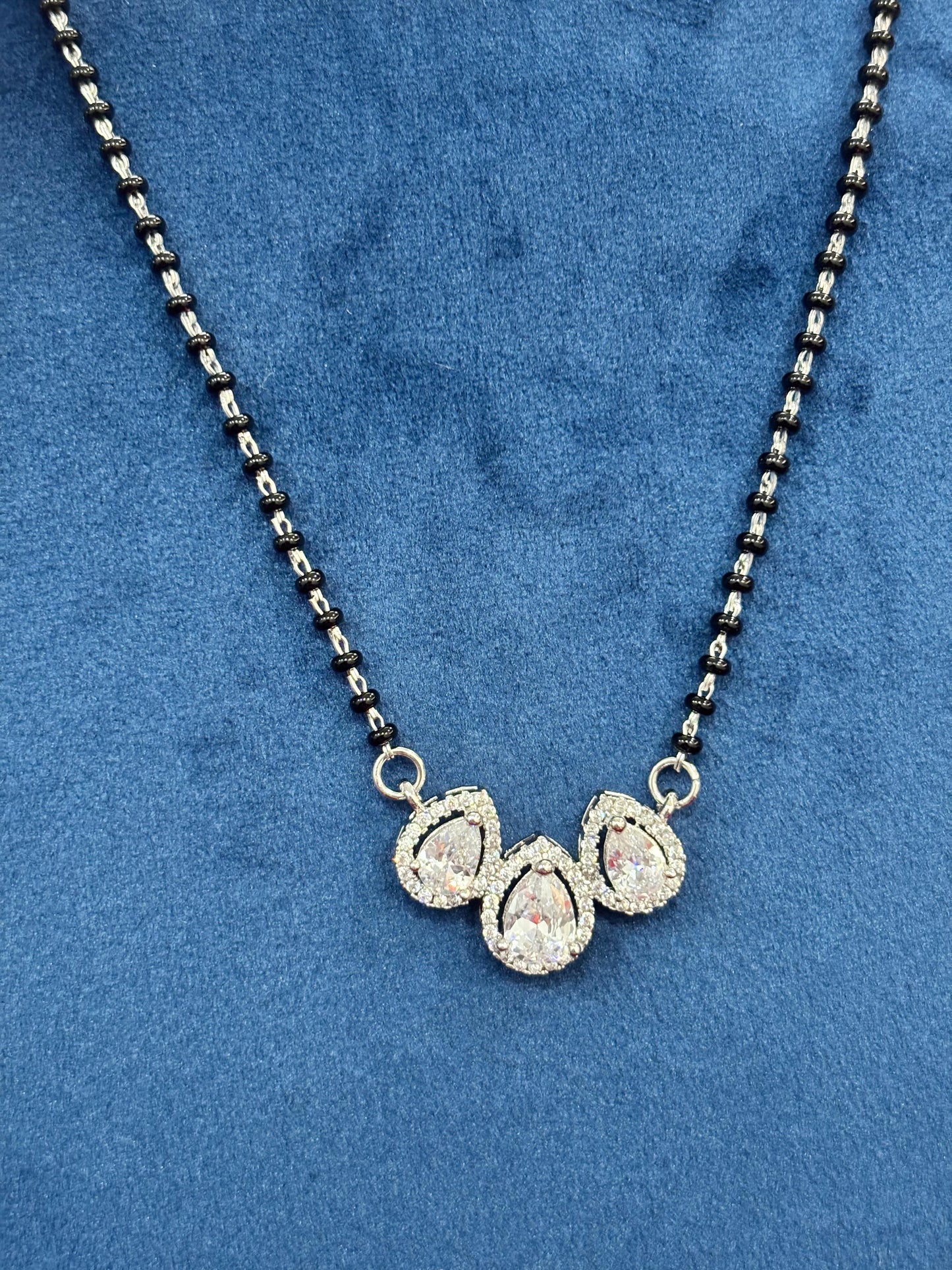 92.5 Real Silver Triple Drop Diamond Solitaire Mangalsutra with Earrings