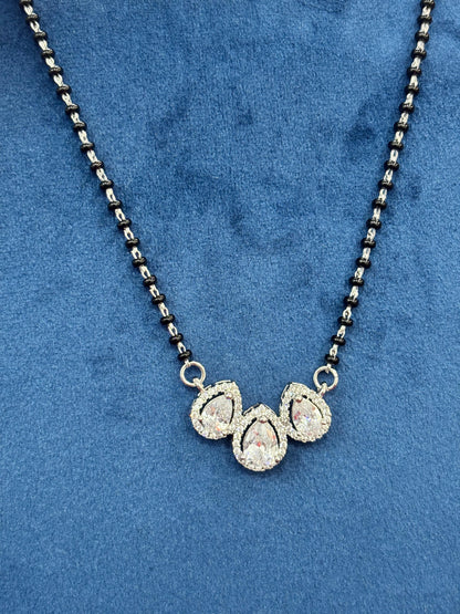 92.5 Real Silver Triple Drop Diamond Solitaire Mangalsutra with Earrings