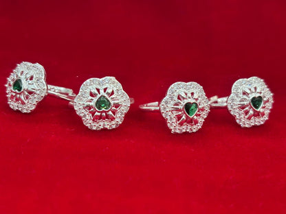 Real Silver Green & White stones Hexagonal Bichiya/ Toe rings (set of 4 pieces)