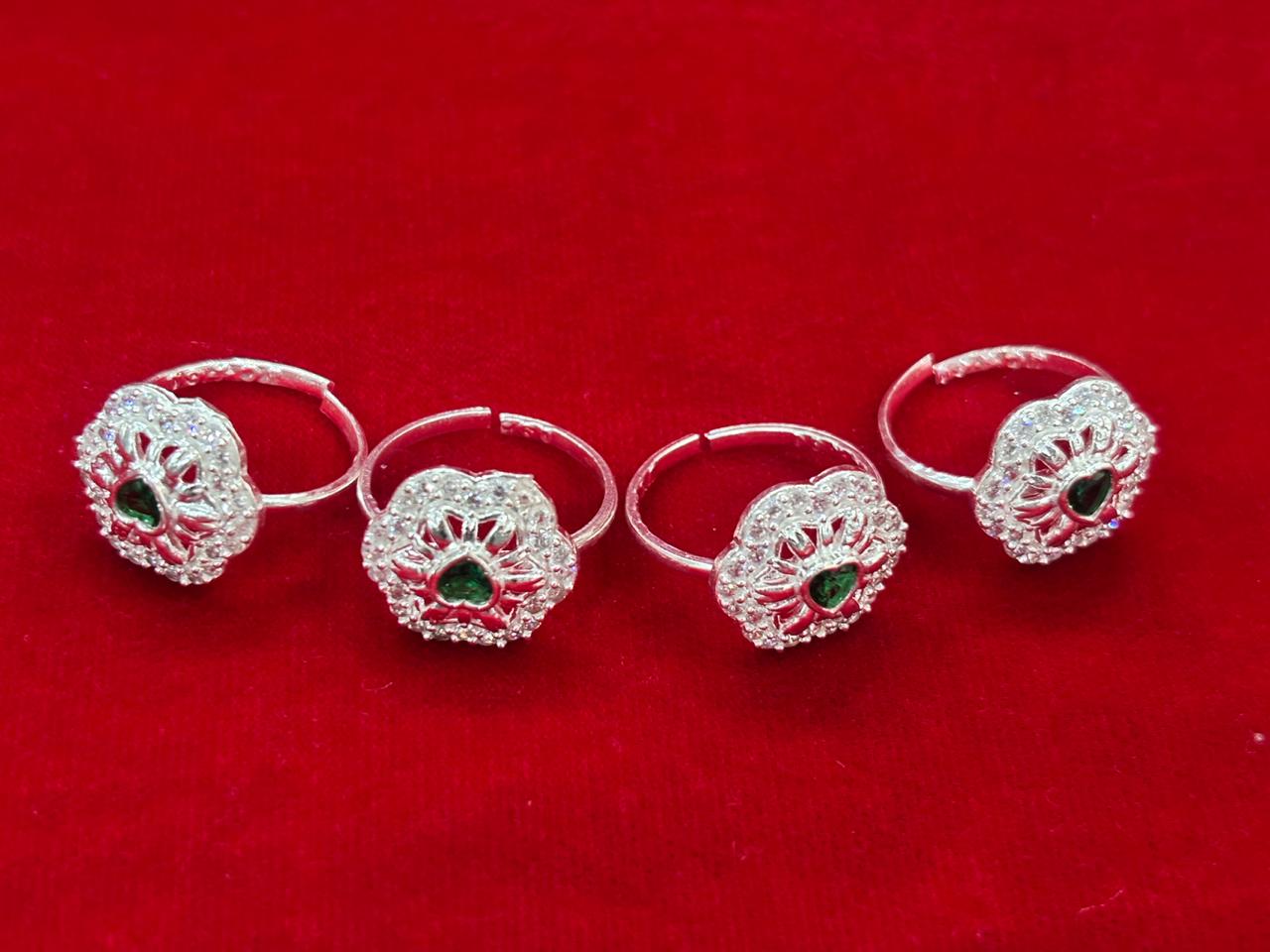 Real Silver Green & White stones Hexagonal Bichiya/ Toe rings (set of 4 pieces)