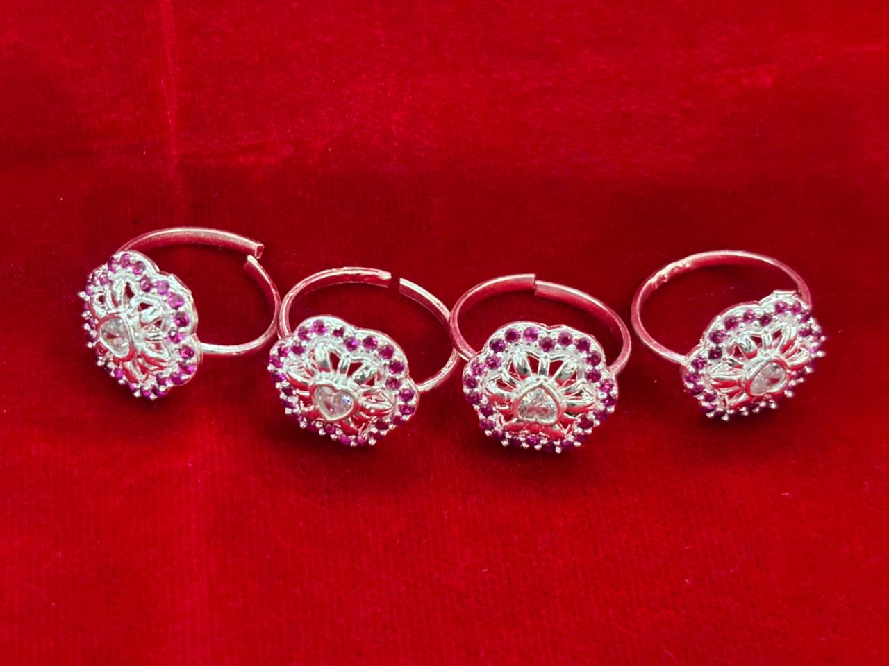 Real Silver Pink & White stones Hexagonal Bichiya/ Toe rings (set of 4 pieces)