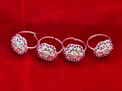 Real Silver Pink & White stones Hexagonal Bichiya/ Toe rings (set of 4 pieces)