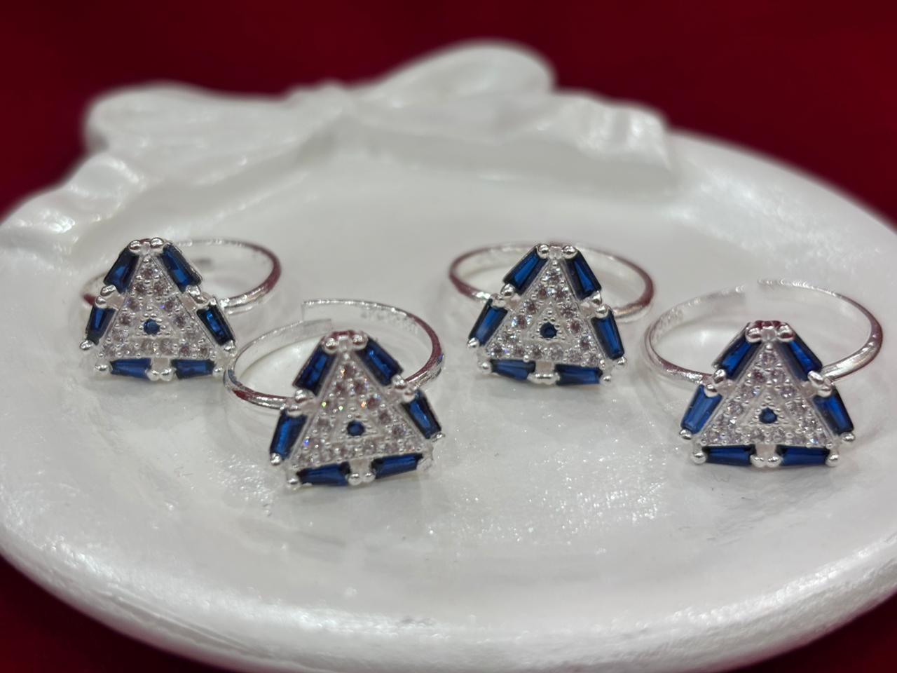Real Silver Blue & White stones Trigonal Bichiya/ Toe rings (set of 4 pieces)