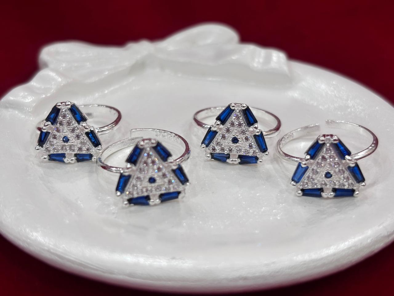 Real Silver Blue & White stones Trigonal Bichiya/ Toe rings (set of 4 pieces)
