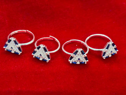 Real Silver Blue & White stones Trigonal Bichiya/ Toe rings (set of 4 pieces)