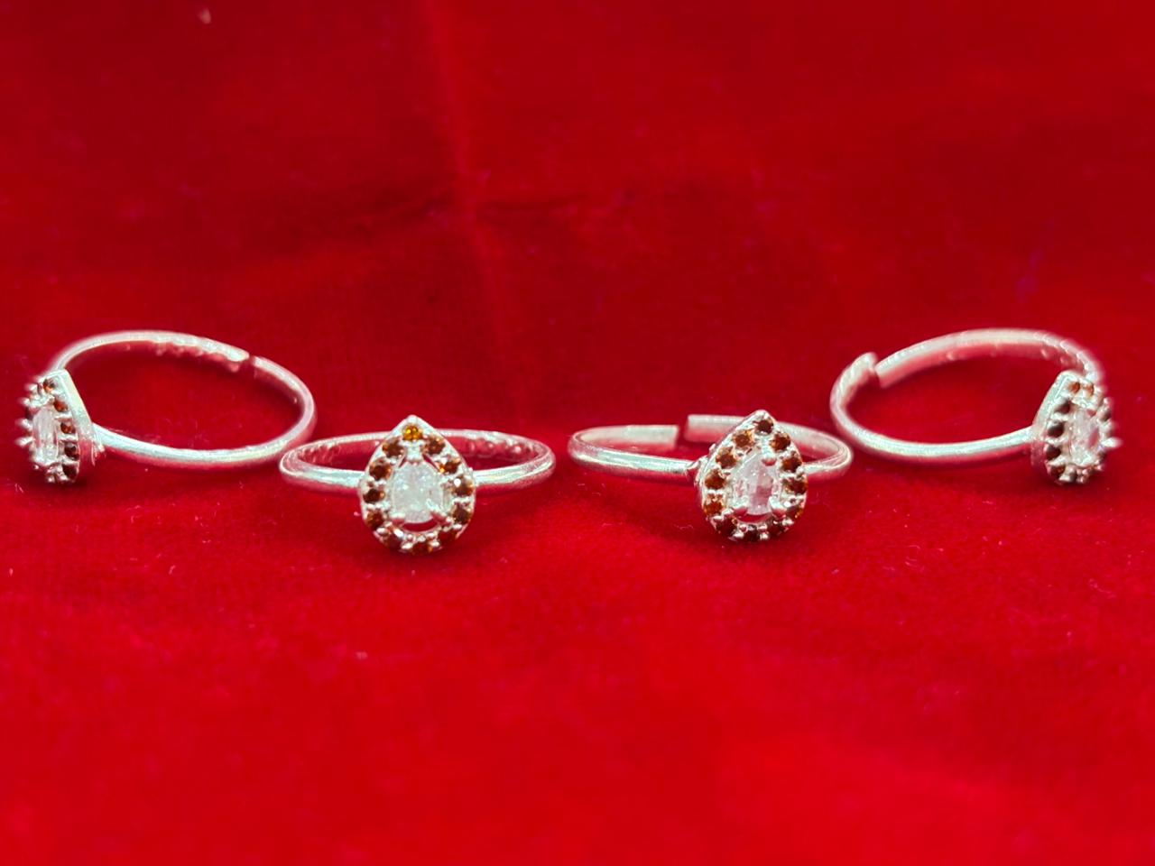 Real Silver Small Orange & White stones Drop Bichiya/ Toe rings (set of 4 pieces)