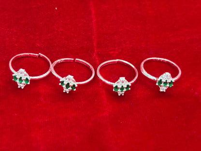 Real Silver Green & white stones diamond Bichiya/ Toe rings (set of 4 pieces)