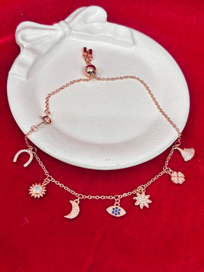 92.5 Pure Silver Openable Pandora Charms 2 in 1 Adjustable Rose Gold Bracelet cum Anklet Dual Locking System (1 piece) Design No. 5