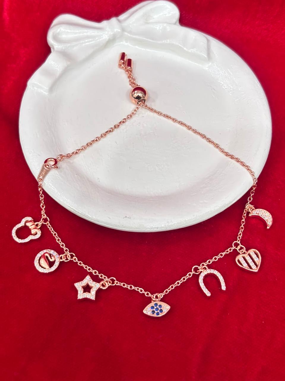 92.5 Pure Silver Openable Pandora Charms 2 in 1 Adjustable Rose Gold Bracelet cum Anklet Dual Locking System (1 piece) Design No. 6