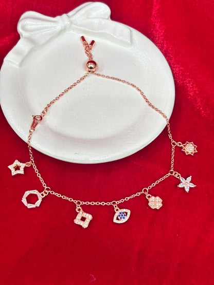 92.5 Pure Silver Openable Pandora Charms 2 in 1 Adjustable Rose Gold Bracelet cum Anklet Dual Locking System (1 piece) Design No. 7