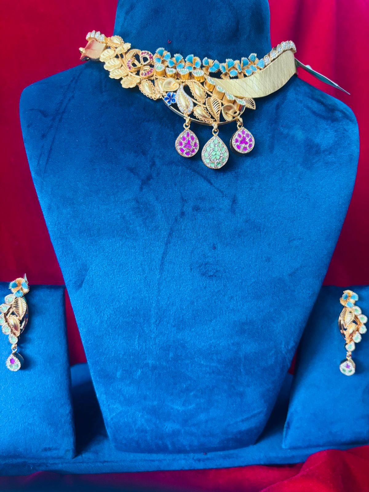 92.5 Silver Gold plated Half n Half Necklace with Earrings (GS-02)