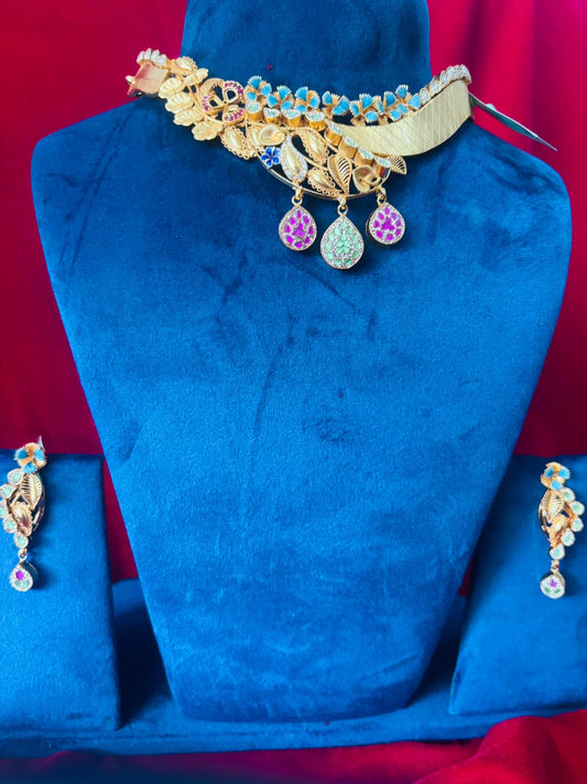 92.5 Silver Gold plated Half n Half Necklace with Earrings (GS-02)