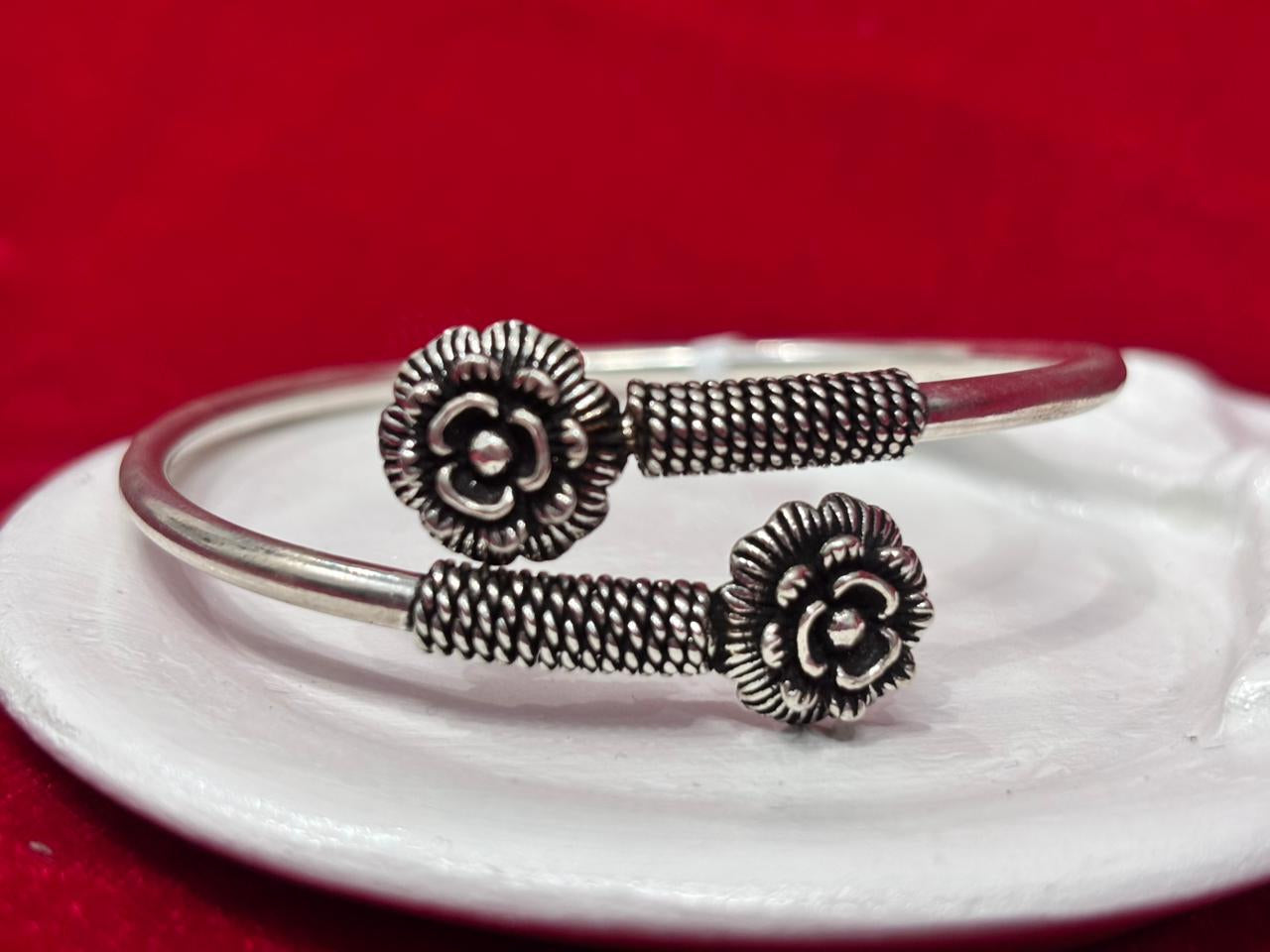 92.5 Pure Silver Adjustable Solid Double Rose Oxidised kada Bracelet