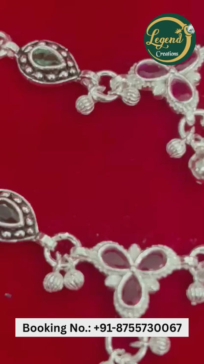 Real Silver Red Green Tri-flower Antique Anklets (1 pair)