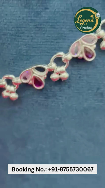 Real Silver Pink Stone Flower Dailywear Anklets (1 pair)