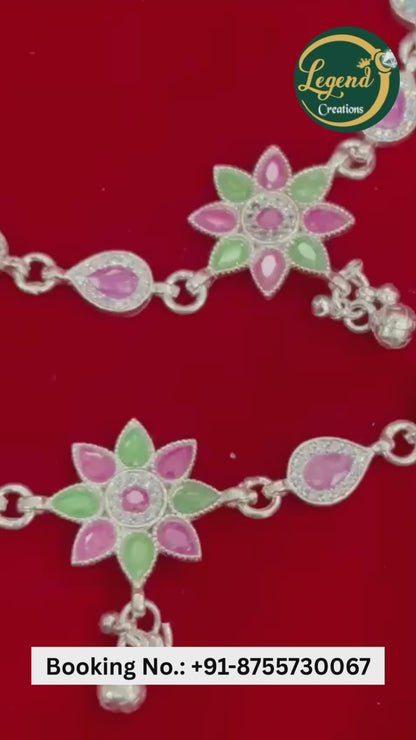 Real Silver Premium Pink Green Centre Flower Bridal Anklets (1 pair)