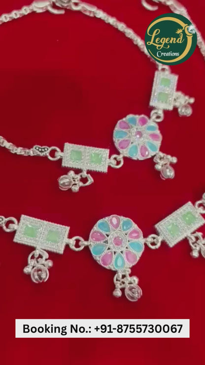 Real Silver Premium Pink Blue Green Centre Stone Bridal Anklets (1 pair)