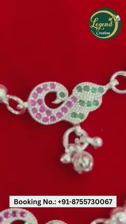 Real Silver Pink Green Peacock Dailywear Anklets (1 pair)