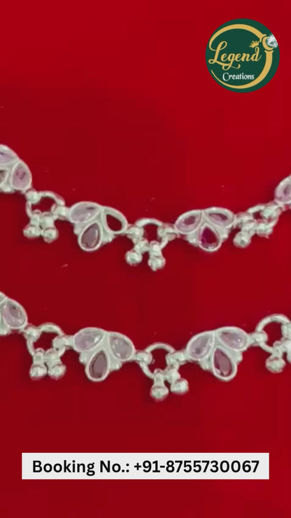Real Silver Pink Stone Flower Dailywear Anklets (1 pair)