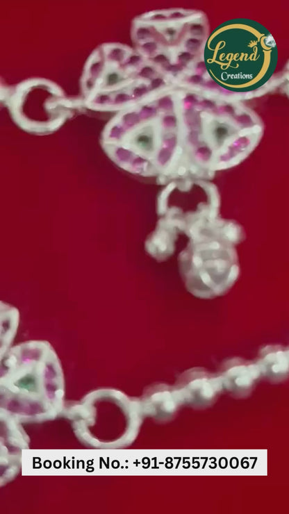 Real Silver Pink Green Centre Flower Anklets (1 pair)